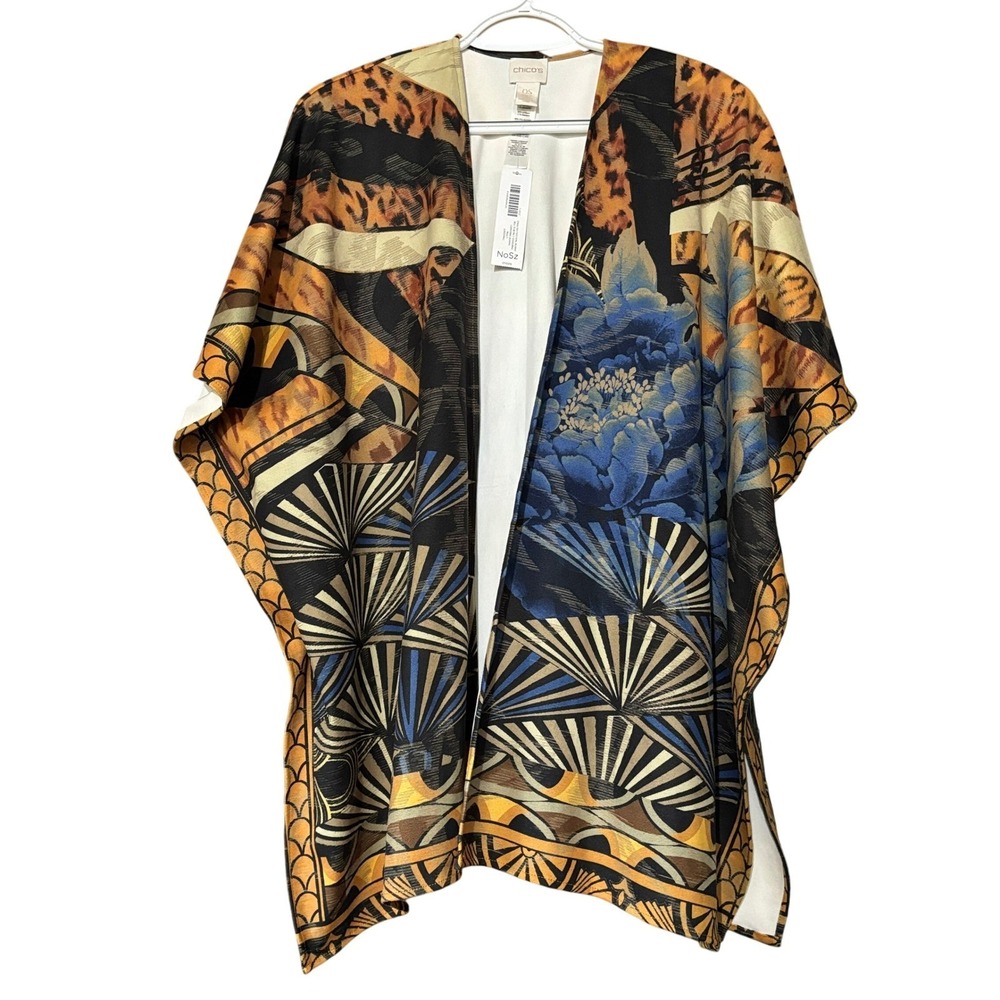Chicos Cheetah Festival Ruana Womens One Size Covering Open Front Stretch Career